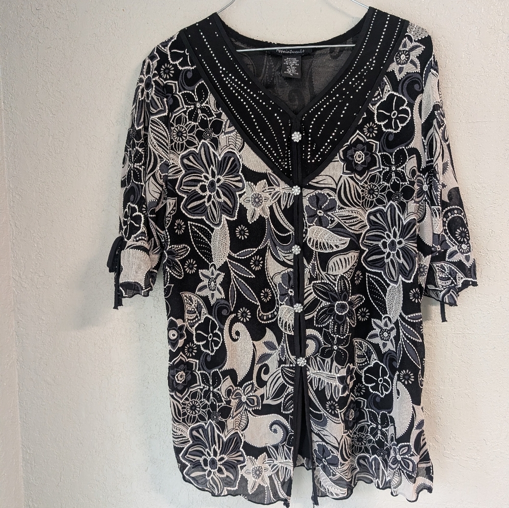 Floral Button Front Top 1XL Black White Beaded Flowy Bows Dainty FairyWhimsigoth